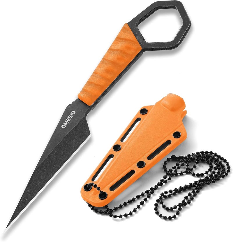 Omesio Neck Knife S-HF, EDC Fixed Blade Knife with Sheath, 6.38” Full Tang Tactical Knife for Men, Ideal for Outdoor Camping, Survival, Hiking (Orange) - Image 1